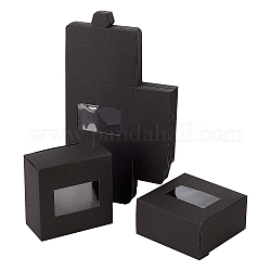 Boîte de papier kraft créative pliable, boîtes de faveur de mariage, boîte de faveur, boîte cadeau en papier, avec fenêtre transparente en plastique, rectangle, noir, 8x8x4 cm