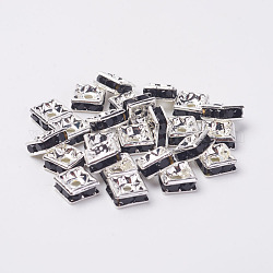 Perline distanziatori strass in ottone, grado a, colore argento placcato, quadrato, jet, 6x6x3mm, Foro: 1 mm