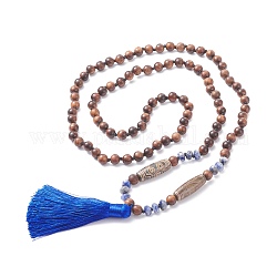 108 Mala-Perlenkette mit Quaste, Perlenkette aus natürlichem Holz, blauem Jaspis und Achat, Meditationsgebetsschmuck für Frauen, Sattelbraun, 41.73 Zoll (106 cm)