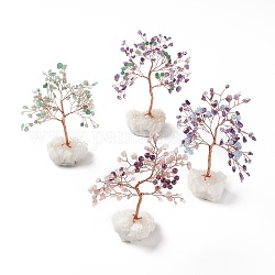 Natural Gemstone with Pearl Beads and Natural Quartz Crystal Pedestal Display Decorations, with Rose Gold Plated Brass Wires, Lucky Tree, 41~49x110~126x140~165mm