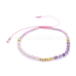 Adjustable Nylon Thread Braided Bead Bracelets, with Natural Rose Quartz & Amethy stBeads, Glass Seed Beads and Brass Beads, Pink, Inner Diameter: 2-1/4 inch~3 inch(5.8~7.5cm)
