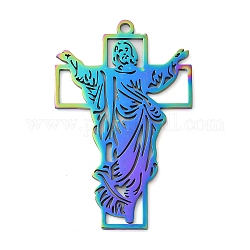 Pendentifs en 304 acier inoxydable, Jésus avec croix, couleur arc en ciel, 55x35x1.5mm, Trou: 2mm
