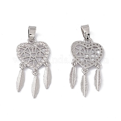 Brass Micro Pave Clear Cubic Zirconia Pendants, Heart Woven Net/Web with Feather Charm, Real Platinum Plated, 24mm, Hole: 5x2.5mm