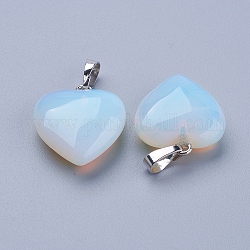 Opalite Pendants, with Brass Findings, Heart, Platinum, 23x20x7~9mm, Hole: 5x8mm