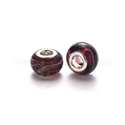 Perles européennes vernissées manuelles, perles de rondelle avec grand trou , avec double noyau en laiton scintillant et poudre de platine, brun coco, 14~15x9~10mm, Trou: 5mm