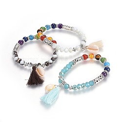 Bijoux chakra, pendentifs de fil de coton bracelets extensibles, avec des perles de pierre naturelles et synthétiques mélangées, Perles en verre, accessoires de coquille et d'alliage de cauris, couleur mixte, 2-1/4 pouce (5.8 cm)
