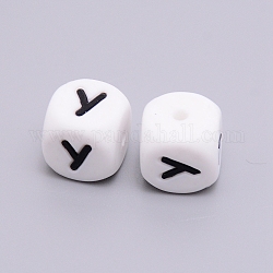 Silicone Beads, Cube with Letter.Y, White, 12x12x12mm, Hole: 2mm