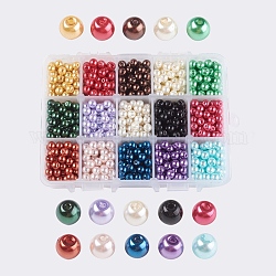15 Color Glass Pearl Beads, Dyed, Round, Mixed Color, 6mm, Hole: 1mm, about 70pcs/color, about 1050pcs/box