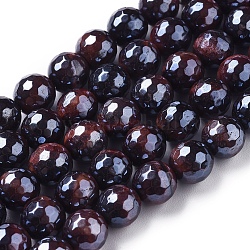 Electroplated Natural Tiger Eye Beads Strands, Faceted, Round, Coconut Brown, 10mm, Hole: 1mm, about 38~39pcs/strand, 15.1~15.3 inch(38.5~39cm)
