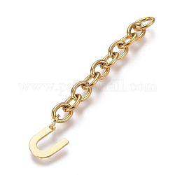 304 extensor de cadena de acero inoxidable, con cadena de cable y dijes de letras, dorado, letter.u, 67.5mm, link: 8x6x1.3 mm, letra u: 11x9x0.7 mm