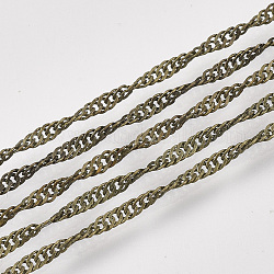 Chaînes singapour en fer recouvert de laiton soudé, chaînes à vagues, avec bobine, bronze antique, 2x1.2x0.3mm, environ 328.08 pied (100 m)/rouleau