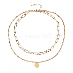 Vakuumplattierung 304 mehrschichtige Doppelketten-Halskette aus Edelstahl mit flachen runden Anhängern für Frauen, golden, 16.34 Zoll (41.5 cm)