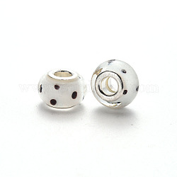 Perles européennes vernissées manuelles, perles de rondelle avec grand trou , en laiton de tonalité de platine noyaux doubles, avec motif à points noirs, floral blanc, 14~16x9~10mm, Trou: 5mm