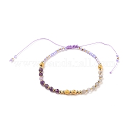 Bracelets de perles de nylon tressés réglables, avec des perles naturelles de labradorite et d'améthyste, perles de rocaille en verre et perles en laiton, véritable 18k plaqué or, 2-3/8~3-7/8 pouce (5.9~10.1 cm)