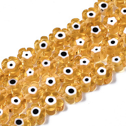 Hilos de abalorios de murano hechos a mano, flor con el mal de ojo, vara de oro, 6~7x6~7.5x3mm, agujero: 0.7 mm, aproximamente 63~65 pcs / cadena, 15.75 pulgada ~ 15.94 pulgadas (40~40.5 cm)