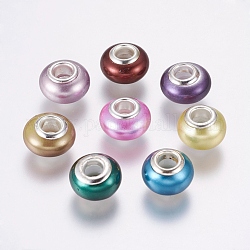 Perlas de concha hechas a mano perlas europeas, Abalorios de grande agujero, con fornituras de latón, rerondana plana, color plateado, color mezclado, 13~14x8.5~10mm, agujero: 5 mm