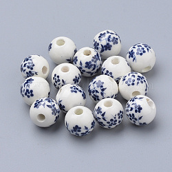 Handmade Printed Porcelain Beads, Round, Prussian Blue, 14mm, Hole: 3mm