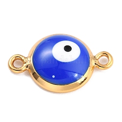 Golden Plated Brass Enamel Links Connectors, Long-Lasting Plated, Flat Round with Evil Eye, Blue, 16x10x3.5mm, Hole: 1.5mm