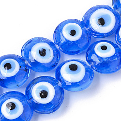 Hechos a mano de mal de ojo lampwork perlas hebras, plano y redondo, azul, 16~17x8~9mm, agujero: 1.8 mm, aproximamente 24 pcs / cadena, 12.60'' (32 cm)