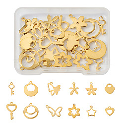 Fashewelry 24Pcs 12 Style Stainless Steel Charms, Heart & Star & Flower, Golden, 12~20x9~20x0.8~1.2mm, Hole: 1.2~2.9mm, 2pcs/style