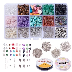 DIY Jewelry Set Making, with Gemstone Chip Beads, Freshwater Shell Chips Beads, Tibetan Style Alloy Findings, Brass Jump Ring & Earring Hook, Iron Eye Pin & Head Pin, Elastic Crystal Thread, 17.4x10x2.15cm