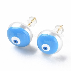 Natural Shell Evil Eye Stud Earrings with Enamel, Real 18K Gold Plated Brass Jewelry for Women, Alice Blue, 14mm, Pin: 0.8mm