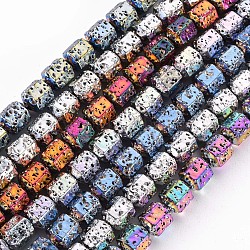 Electroplated Natural Lava Rock Beads Strands, Hexagon, Bumpy, Mixed Color, 8x7x6.5mm, Hole: 1.2mm, about 50pcs/strand, 15.55 inch(39.5cm)