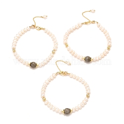 Natural Labradorite Beaded Bracelets, Real 18K Gold Plated, with Natural Pearls, Brass Bead, Long-Lasting Plated, 6-7/8 inch(17.5cm)
