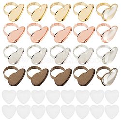 Dicosmetic 20 anillo de corazón de 4 colores con base de bronce antiguo/oro rosa/oro/plata en blanco, 3/4 anillos de dedo con almohadilla de corazón y 20 cabujones de vidrio de corazón para hacer joyas de anillos en blanco.