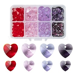 240pcs 8 style romantique valentines idées breloques en verre, breloque coeur facettes, couleur mixte, 10~14x10~14x5~8mm, Trou: 1mm