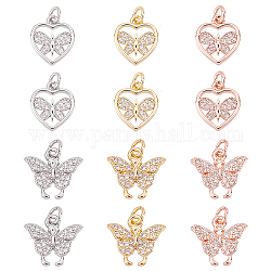 SUPERFINDINGS 12Pcs 2 Style Rhinestone Butterfly Charms Brass Micro Pave Cubic Zirconia Pendants Heart Butterfly Dangle Charm with Jump Rings for Bracelets Jewelry Making, Hole: 2.6mm