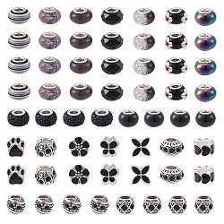Resina / vidrio / aleación / esmalte acrílico perlas europeas, Abalorios de grande agujero, formas mixtas, color mezclado, negro, 54 unidades / caja