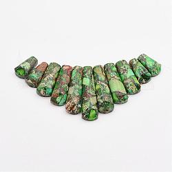 Assembled Gold Line and Imperial Jasper Beads Strands, Graduated Fan Pendants, Focal Beads, Dyed, Green, 16~39x9.5~10x5mm, Hole: 1mm, 11pcs/strand, 3.27 inch