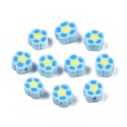Perles en pâte polymère manuel, fleur, bleu clair, 7.5~9x7.5~10x4~5mm, Trou: 1.6mm