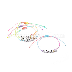Bracelets de perles tressés en fil de nylon réglable, avec des perles en laiton et des perles acryliques opaques, avec le mot, couleur mixte, diamètre intérieur: 1/2~5 pouce (1.4~12.7 cm)