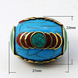 Handmade Tibetan Style Beads, with Turquoise, Drum, DeepSky Blue, Golden, 27x22mm, Hole: 2mm