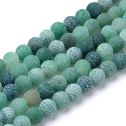 Chapelets de perle en agate craquelée naturelle et teinte, style mat, ronde, verte, 10mm, Trou: 1.2mm, Environ 37~40 pcs/chapelet, 14.9~15.1 pouce (38~38.5 cm)