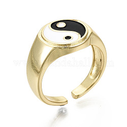 Brass Enamel Cuff Rings, Open Rings, Nickel Free, Gossip/Yin Yang, Black & White, Real 16K Gold Plated, Inner Diameter: 17mm