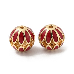 Goldenen Ton Legierung Schmelz Perlen, Runde mit Blume, rot, 14 mm, Bohrung: 1.8 mm