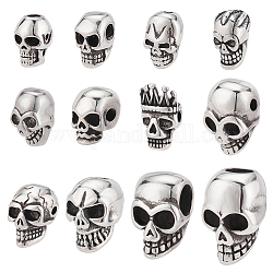 PandaHall Elite 12Pcs 12 Style 
Stainless Steel Beads, Skull, Antique Silver, 10.5~20x7~13.5x7~13mm, Hole: 1.6~6mm, 1pc/style