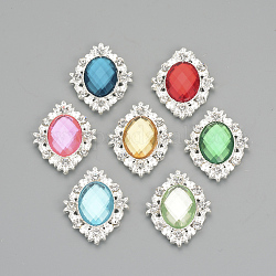 Alloy Rhinestone Flat Back Cabochons, with Acrylic Rhinestone, Oval, Silver Color Plated, Mixed Color, 32x25x4.5mm