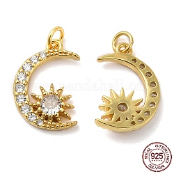 925 Sterling Silver Micro Pave Cubic Zirconia Charms, Moon with Star Charm, with Jump Ring, Real 18K Gold Plated, 14x9.5x2.5mm, Hole: 2.3mm