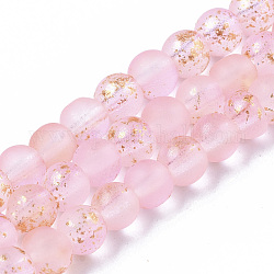 Brins de perles de verre peintes à la bombe givrée, avec une feuille d'or, ronde, rose, 4~5mm, Trou: 0.9~1.2mm, Environ 95~103 pcs/chapelet, 13.78 pouce ~ 14.88 pouces (35~37.8 cm)