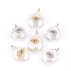Natural Cultured Freshwater Pearl Pendants, with Brass Cubic Zirconia Cabochons, Long-Lasting Plated, Flat Round with Eye, Mixed Color, 16~19x12~12.5x6~8mm, Hole: 1.4~1.6mm