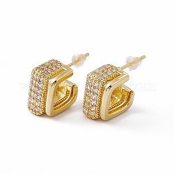 Clear Cubic Zirconia Square Stud Earrings, Brass Half Hoop Earrings for Women, Lead Free & Cadmium Free, Real 18K Gold Plated, 13.5x13.5x8mm, Pin: 0.9mm