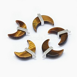 Natural Tiger Eye Pendants, with Long-Lasting Plated Brass Findings, Moon, Silver Color Plated, 21x22x7mm, Hole: 1.2mm