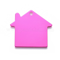 Пэт алюминиевые подвески, штамповка пустой метки, дом, темно-розовыми, 35x38x1 мм, отверстие : 3 мм