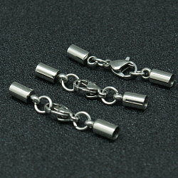 304 Stainless Steel Lobster Claw Clasps, with Tube Cord Ends, Stainless Steel Color, 33mm, Hole: 3mm
