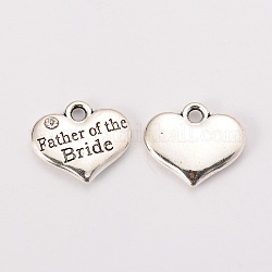 Wedding Theme Antique Silver Tone Tibetan Style Alloy Heart with Father of the Bride Rhinestone Charms, Cadmium Free & Lead Free, Crystal, 14x16x3mm, Hole: 2mm