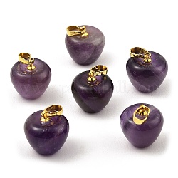 Natural Amethyst Teacher Apple Charms, with Golden Plated Brass Snap on Bails, 14.5x14mm, Hole: 6.5x4mm